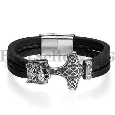 Men Viking Wolf Thor Hammer Bracelet Stainless Steel Leather Magnetic Cuff 8.5" - Image 1 of 4