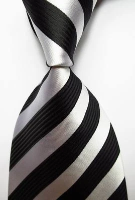 New Classic Striped Black White JACQUARD WOVEN 100% Silk Men's Tie Necktie - Image 1 of 2
