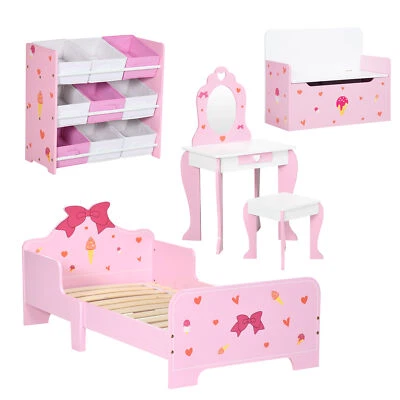 ZONEKIZ 5PCs Kids Furniture Set W/ Bed Toy Box Vanity Table Storage Unit, Pink - Image 1 of 4