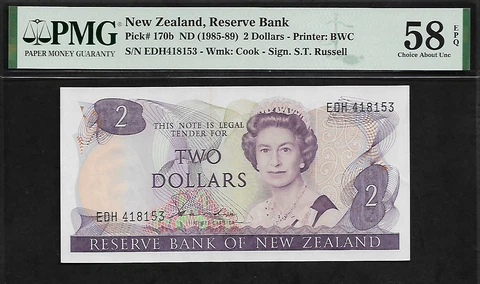 New Zealand 2  Dollars 1985 - 89 PMG 58 EPQ  Pick # 170b, Queen Elizabeth II Cover