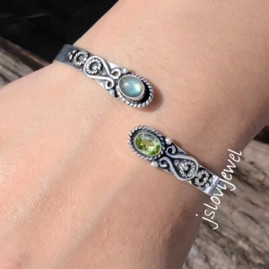 Faceted Peridot & Labradorite Gemstone 925 Sterling Silver Cuff Best Gift Bangle - Picture 1 of 5