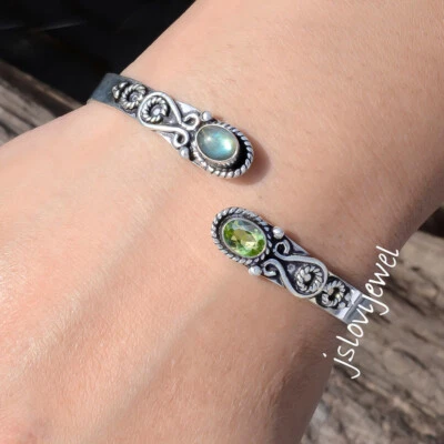 Faceted Peridot & Labradorite Gemstone 925 Sterling Silver Cuff Best Gift Bangle - Image 1 of 4
