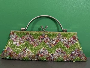 GRÜN Vintage Perlen Pailletten Satin Abendtasche Handtasche Clutch Kiss Lock Verschluss - Bild 1 von 16