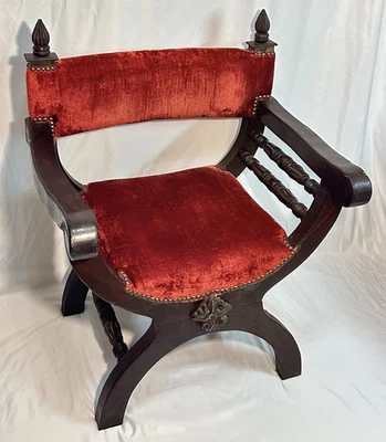 Vintage Spanish Revival Savonarola Chair Carved Wood Red Fabric Upholstery - Image 1 of 4