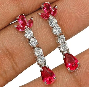 3CT Treated Ruby & White Topaz 925 Solid Sterling Silver Earrings Jewelry - Picture 1 of 1