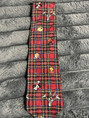 Looney Tunes Men Vintage 1993 Tartan Plaid Necktie Taz Bugs Daffy Porky Tweety - Image 1 of 4