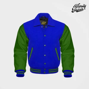 Royal Blue body Green Sleeves Premium Varsity Jacket Letterman Baseball College - Picture 1 of 5