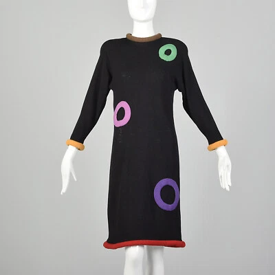 Vestido Suéter Negro Adolfo Años 80 Lana Tejido Círculo Enrollado Borde Fiesta Años 80 De Colección Foto 1 de 4