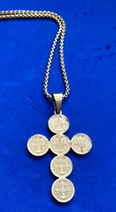 St Benedict Stainless Steel Cross Gold Plated 23” Stainless Chain Stunning Saint - Picture 1 of 7
