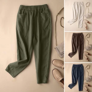Womens Hight Waist Cotton Linen Pants Slacks Casual Loose Pockets Harem Trousers - Picture 1 of 14