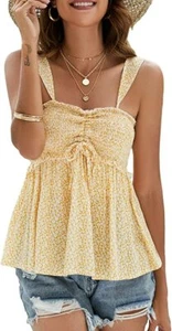 Feager Womens Peplum Floral Tank Tops Frill Smocked Tie Shoulder Strap Blouses - Picture 1 of 4