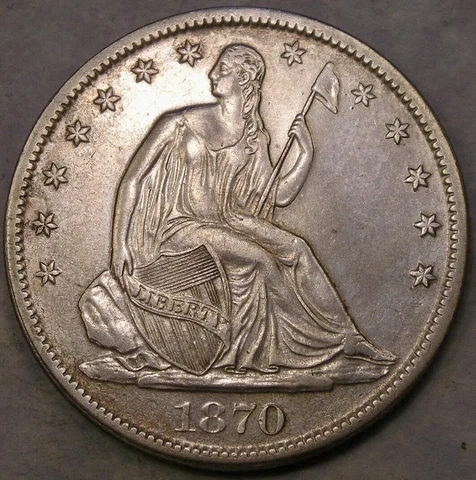 1870 S LIBERTY SEATED SILVER HALF DOLLAR SCARCE BEAUTIFUL DRAPERY FEATHERS HAIR Cover