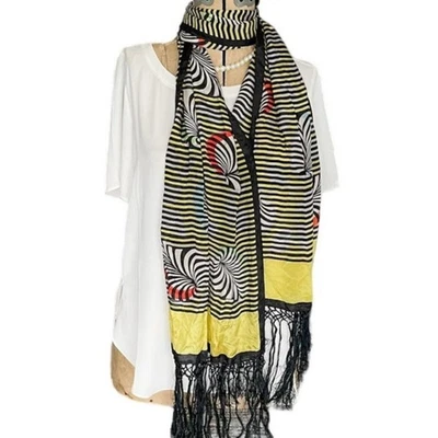 Cachecol/envoltório vintage Carol Stanley 100% seda pop art ilusão de ótica 3D com franjas - Imagem 1 de 4