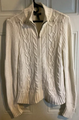 Lauren Ralph Lauren Jeans Co Ivory Cable Knit Full Zip Sweater Size Medium - Image 1 of 4