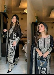 Asian Pakistani Indian Wedding Eid Party Wear Dress Black chinnon silk Large - Picture 1 of 2