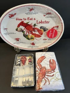 NEW Melamine Lobster 4 Plates Trays 13"x10" How To Eat A Lobster, Napkins, Tools - Picture 1 of 4
