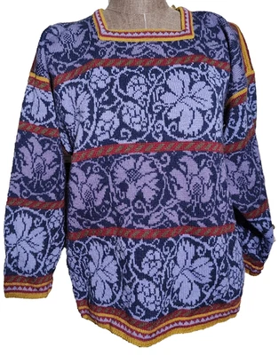 Oleana 羊毛毛衣女式小号蓝色花卉印花套衫挪威  — 第 1/4 张图片