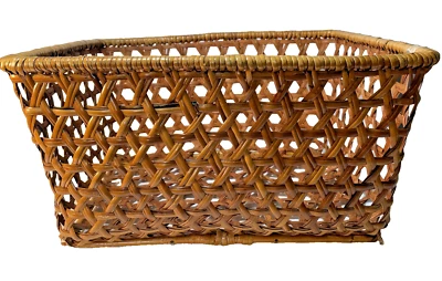 Vintage Box Basket Hand Woven Rattan Hexagon Coastal Beach Dk Brown 15 X 10 X 9 - Image 1 of 4