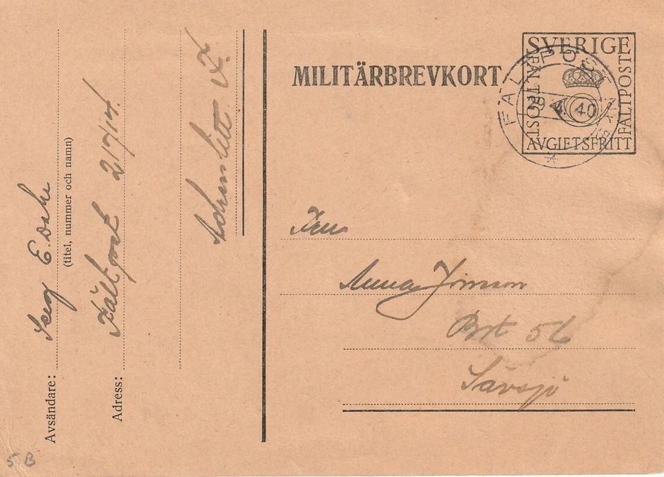 SUECIA: Correo militar, papelería postal militar 1940, puesto de campaña 5. Foto 1 de 1
