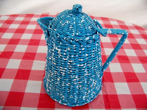 Wicker Pitcher Decorative Cute Unusual Collectable Rare 6" Tall - Blue and White Cover