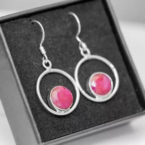 925 Sterling Silver Lab Created Red Ruby Round Hoop Drop Earrings Gemstone - Picture 1 of 5