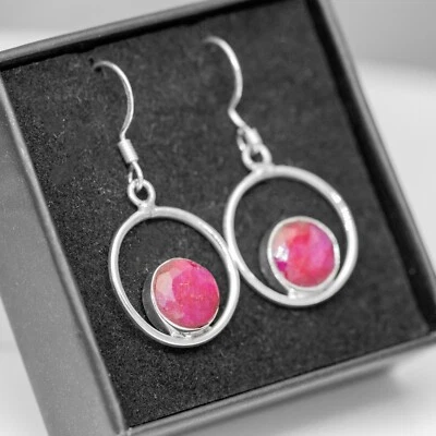 925 Sterling Silver Lab Created Red Ruby Round Hoop Drop Earrings Gemstone - Image 1 of 4