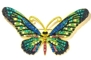 3" Blue Green Butterfly Brooch Badge Rhinestone Enamel Fashion Pin + Gift Box - Picture 1 of 9