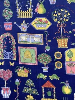 Joan Kessler Topiary Garden Abundance Fabric Navy By The Yard  B12 - Image 1 of 4
