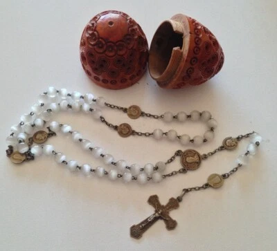 Ancienne Boite Oeuf Porte Chapelets Corozo et chapelet XIXéme Argent - Photo 1/4