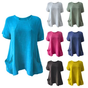 Damas Bolsillo Lateral Prenda para el torso Italiana Mangas Cortas Dobladero Hanky Túnica Camisa de Verano - Imagen 1 de 9