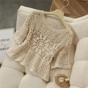 Damen gehohltes gehäkeltes Hemd Strick kurzes Oberteil Blumenbluse Pullover Sommer - Bild 1 von 7