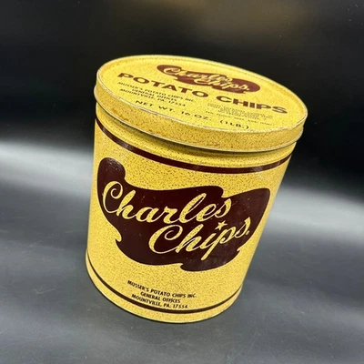Vintage Charles Chips Tin Canister Storage Advertising Decor Retro Beige Brown - Image 1 of 4