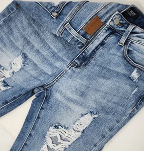 Pantalones de mezclilla para mujer Judy azul ajustado desgastados talla 5/27 azul dobladillo crudo 29" JB8814 - Imagen 1 de 12