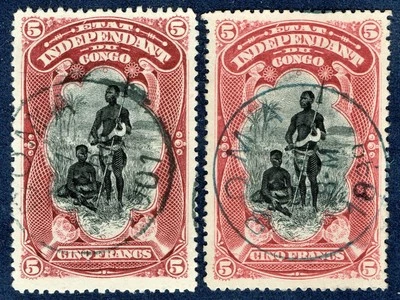 [st4083] BELGIAN CONGO 1894 Scott#26 5fr Lake & blk +#26a 5fr Carmine rose used - Image 1 of 2