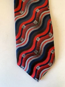 Mens Retro Reserve Polyester Wavy Black Red Silver Shiny Tie Made in Italy Retro - Picture 1 of 9