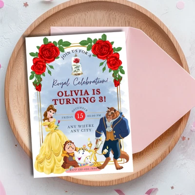 Belle Birthday Invitation | Beauty and the Beast Princess Party Invite | Printed - Image 1 of 4
