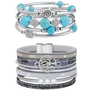 Turquoise Lot de 2 Bracelet Bohème Enveloppant Bracelet Multicouche avec Perles f... - Photo 1/5