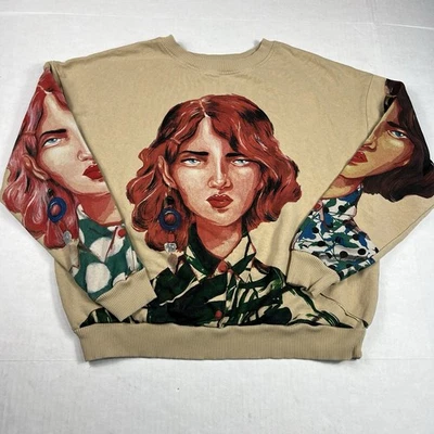 Zara Graphic Print Sweatshirt Artsy Relaxed Fit Statement Portrait Pullover S - Image 1 of 4
