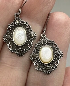 Sterling Silver Moonstone Dangle Earrings Small 925 Oval Ornate Boho Stamped - Picture 1 of 9