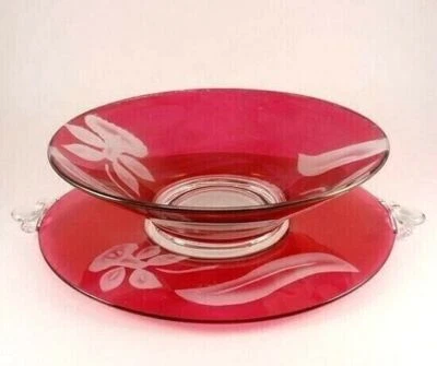 Indiana Glass #1002 Salad Bowl & Underplate Ruby Stain Orchid Etch Rare - Image 1 of 4