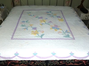 Antique Quilt Floral Applique Flower Vine Densely Hand Quilted-Hand Applique - Picture 1 of 16