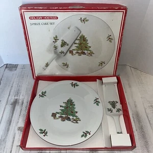 Tienshan Holiday Hostess 2 Pc Cake Set Platter Server Christmas Holly - Picture 1 of 9