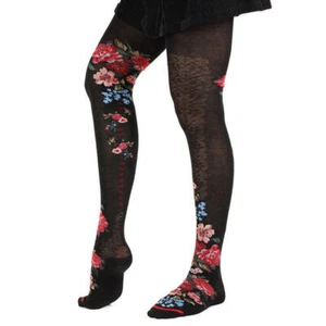 Fil de Jour France Cotton Angora Blend Tights, Black Flowers, S/M Made in Italy - Picture 1 of 4