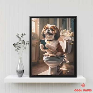 Funny Shih Tzu Bathroom Art Print - Dog in Toilet with Cell Phone - Wall Art - Picture 1 of 9