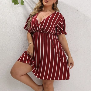 A Line Dress Women's Plus Size Striped Print Wrap V Neck Short Sleeve - Picture 1 of 10