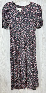 Betsy Lauren Dress Womens Size 8 Black Floral Pleated Tie Country Modest Vintage - Picture 1 of 13