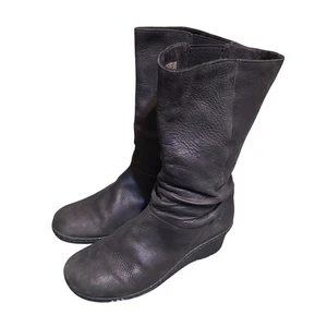 Keen Black Akita Mid Calf Wedge Heel Full Grain Leather Slouch Boots Womens 11 - Picture 1 of 10