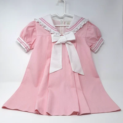 Vintage Pink Sailor Dress Pinstripe Pleated Puff Sleeves Little Bitty Girls 6X - Image 1 of 4