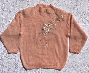 Maggie Lawrence VINTAGE PULLOVER 80'S SWEATER PEACH PINK W/SILVER BUGLE BEADS L - Picture 1 of 6