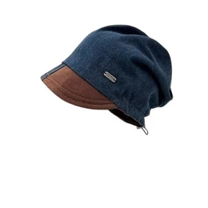 Denim Patchwork Small Brim Drawstring Beanie Hat for Women - Picture 1 of 3